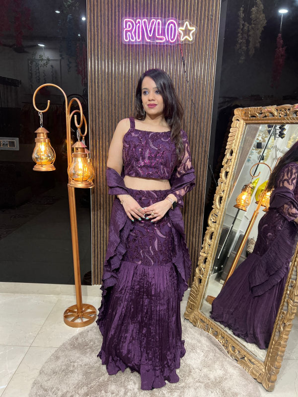 Plum Purple And Black Sequinned Fishcut Lehenga Set RC233