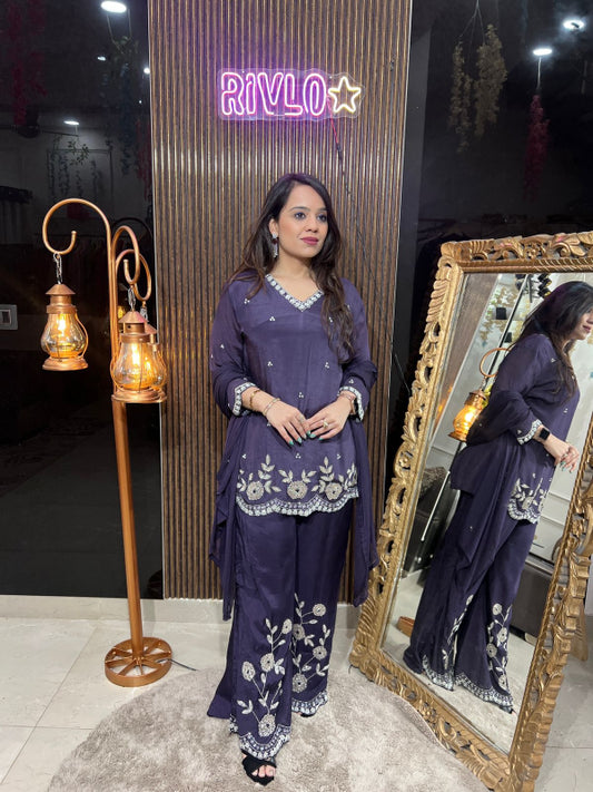 Deep Violet Embroidered Kurta Set with Palazzo Pants RC235