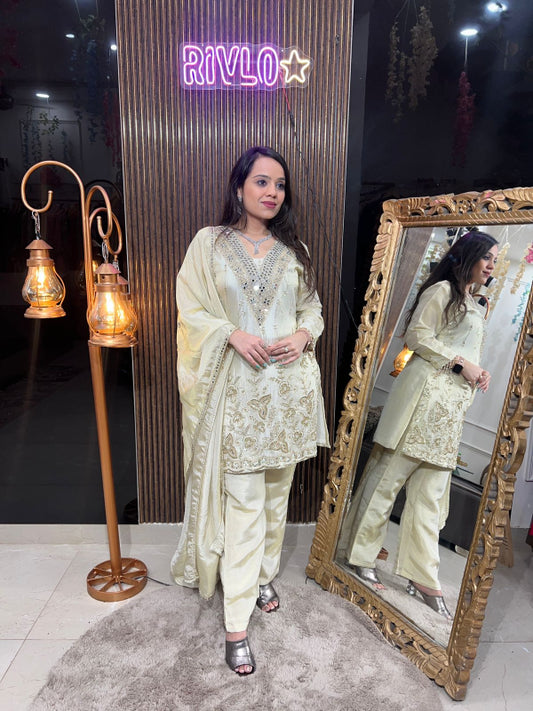 Ivory Gold Embroidered Kurta Set with Straight Pants RC236