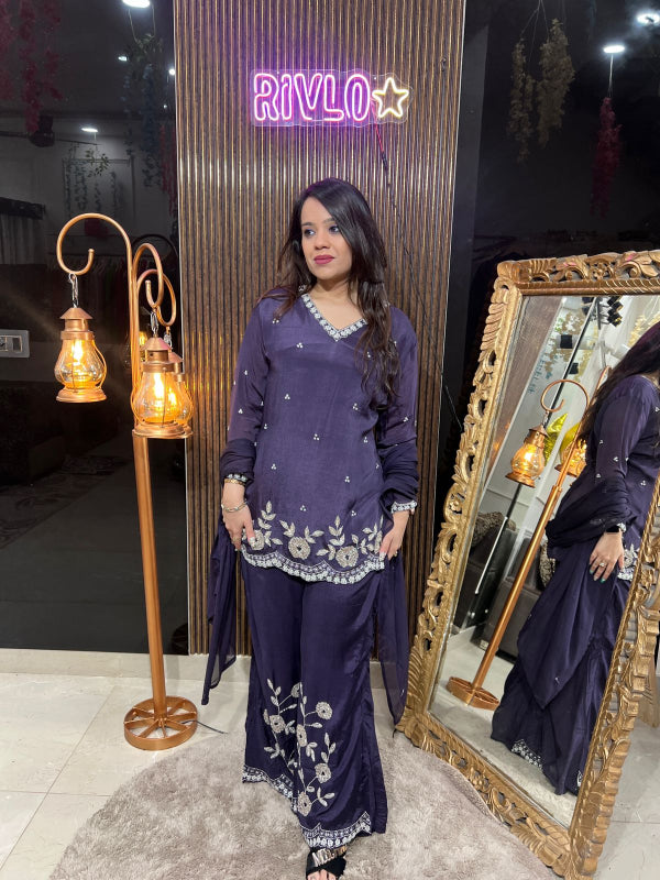 Deep Violet Embroidered Kurta Set with Palazzo Pants RC235