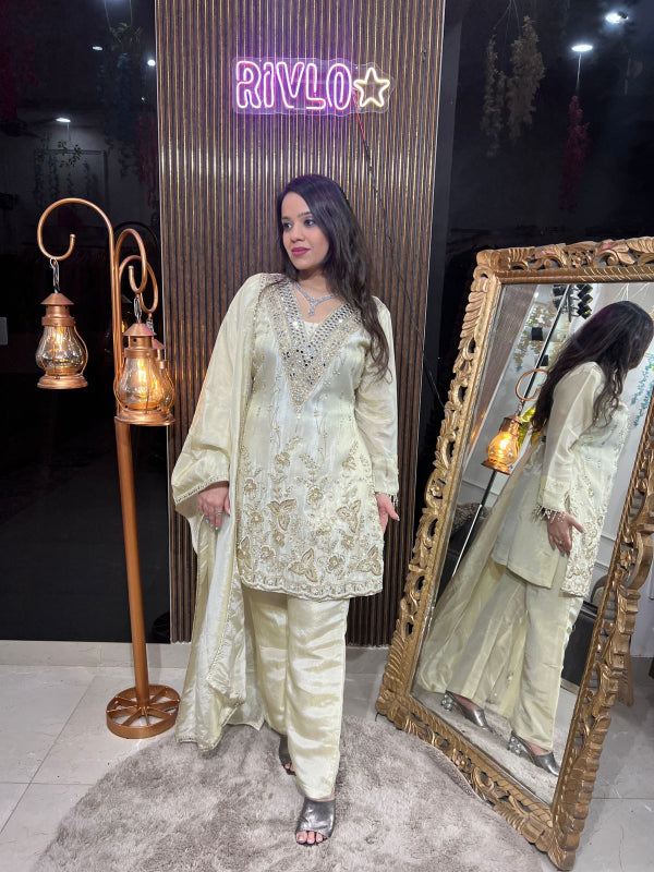 Ivory Gold Embroidered Kurta Set with Straight Pants RC236