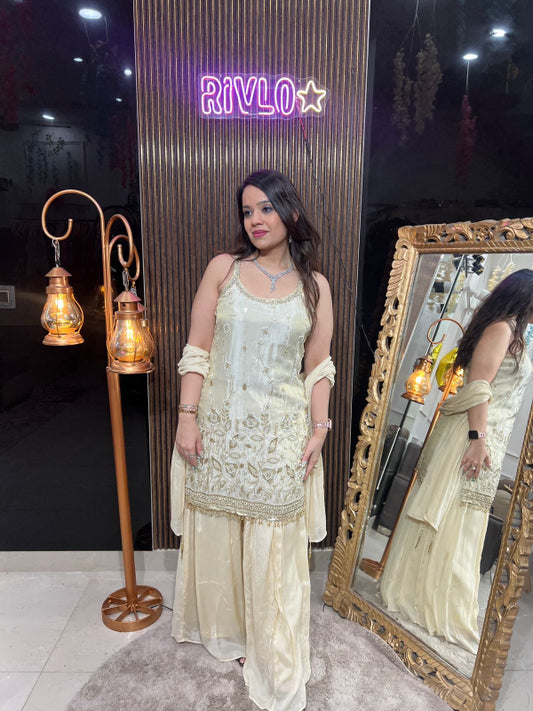 Ivory Gold Sleeveless Sharara Suit Set RC237