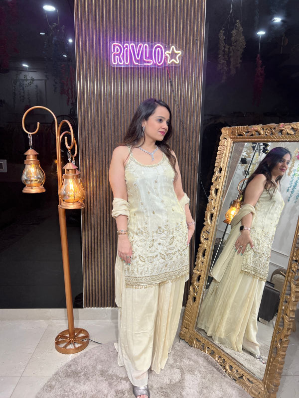 Ivory Gold Sleeveless Sharara Suit Set RC237