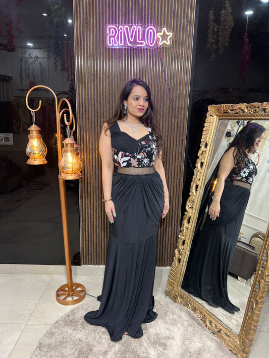 Draped Gown with Floral Embroidered Bodice RC234