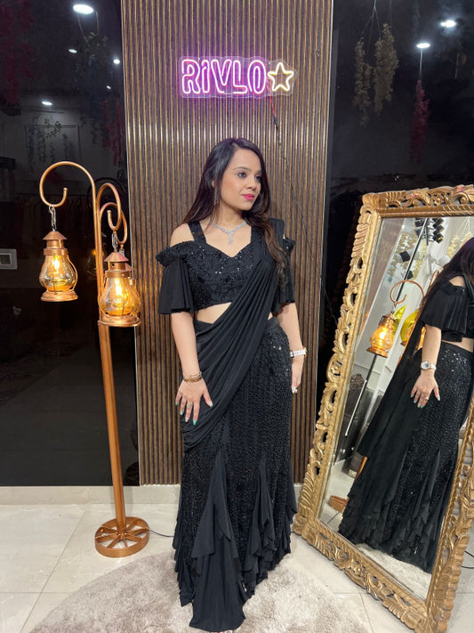 Black Embellished Ruffle Drape Lehenga Set RC243