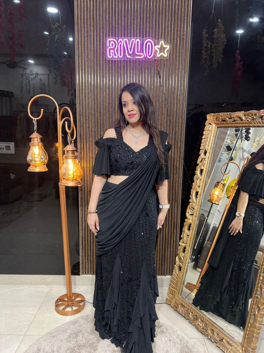 Black Embellished Ruffle Drape Lehenga Set RC243