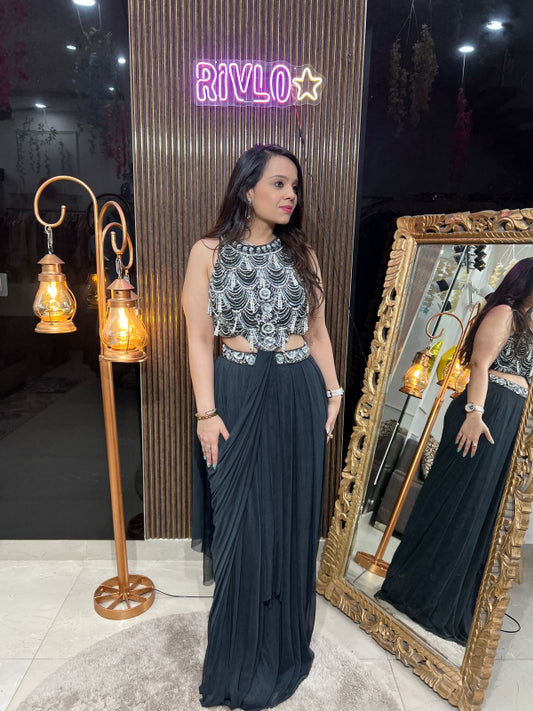 Midnight Glam Drape Skirt Set with Statement Blouse RC248