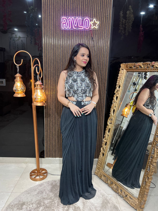 Midnight Glam Drape Skirt Set with Statement Blouse RC248