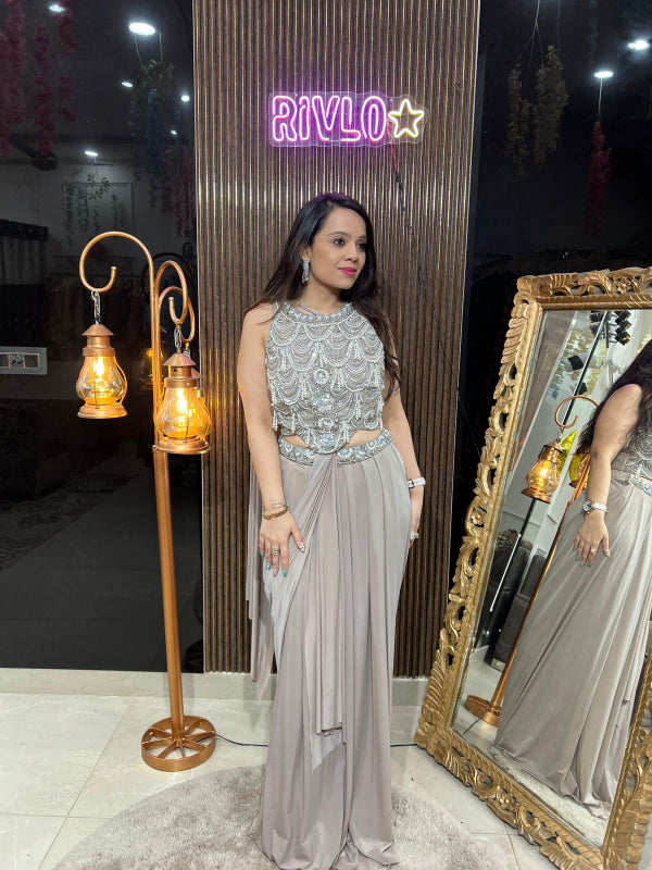 Pearl Drape Skirt Set with Statement Blouse RC249