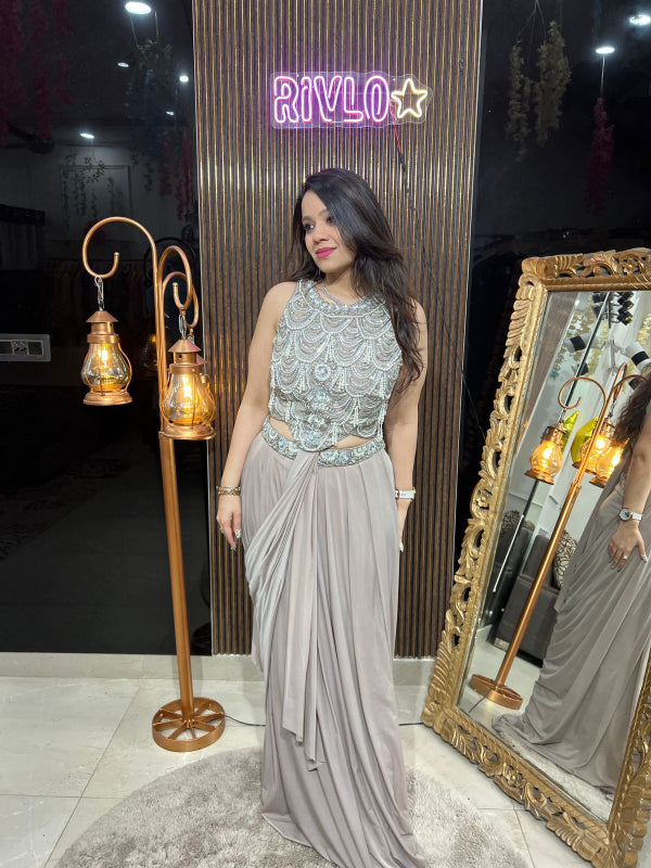 Pearl Drape Skirt Set with Statement Blouse RC249