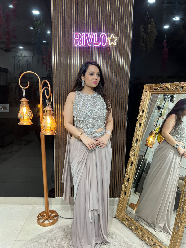 Pearl Drape Skirt Set with Statement Blouse RC249