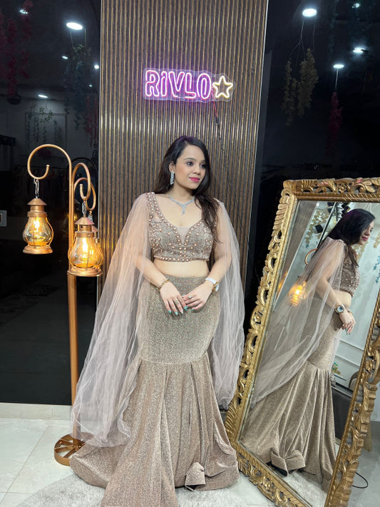 Champagne Gold Mermaid Lehenga Set with Cape Sleeves RC245