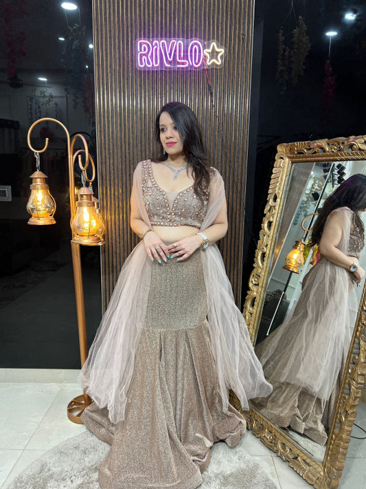 Champagne Gold Mermaid Lehenga Set with Cape Sleeves RC245