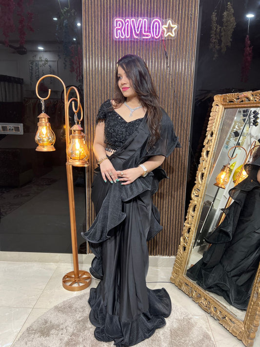 Black Ruffle Ready-to-Wear Saree with Embroidered Blouse RC246