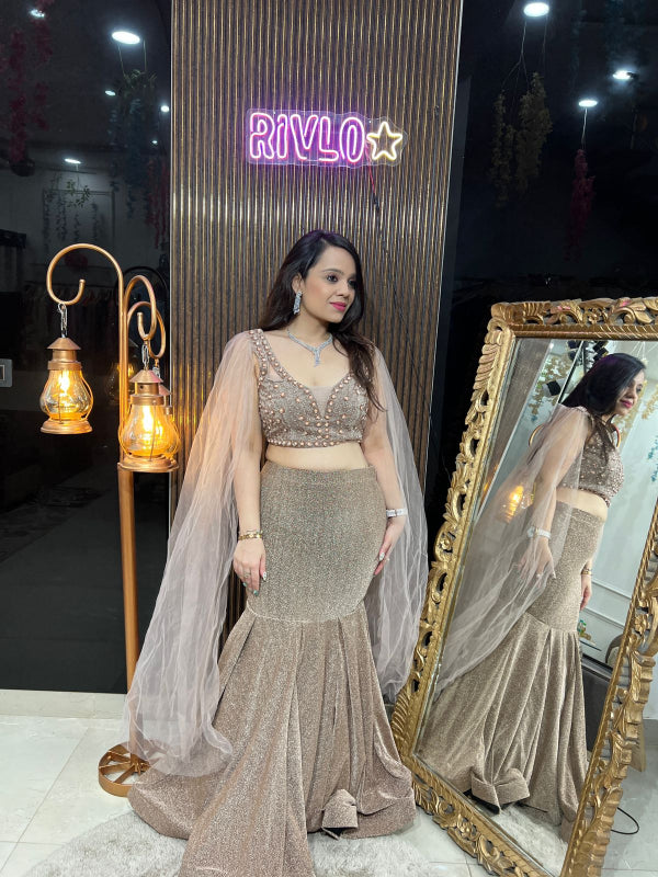 Champagne Gold Mermaid Lehenga Set with Cape Sleeves RC245