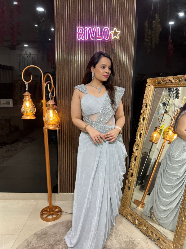 Silver Glitz Pre-Draped Saree Gown RC247