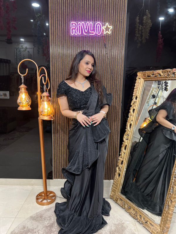 Black Ruffle Ready-to-Wear Saree with Embroidered Blouse RC246