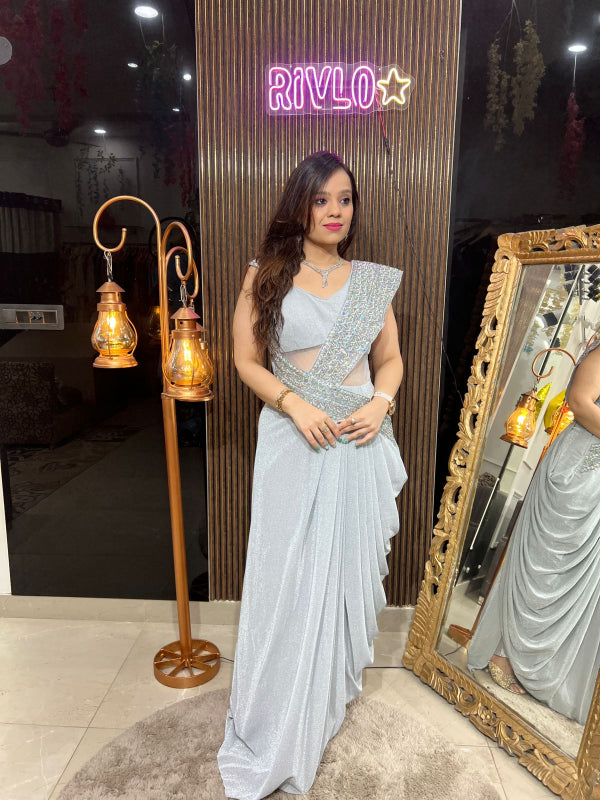 Silver Glitz Pre-Draped Saree Gown RC247