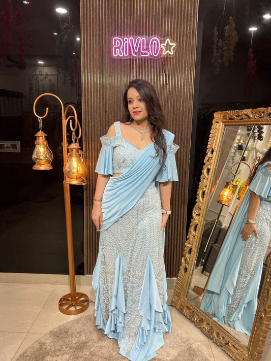 Sky Blue Ruffle Drape Lehenga Set RC242