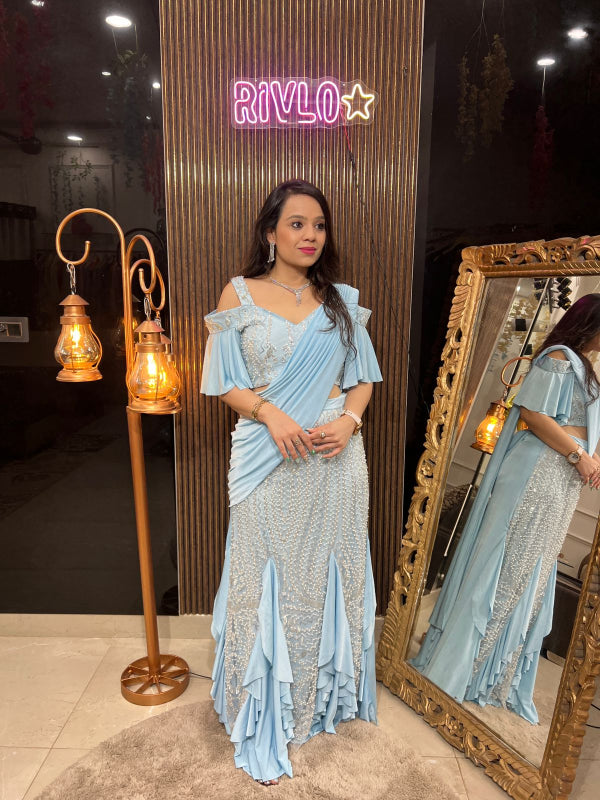 Sky Blue Ruffle Drape Lehenga Set RC242