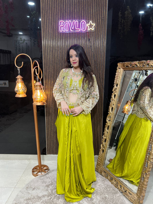 Olive Glam Draped Lehenga with Mirror Work Cape RC251