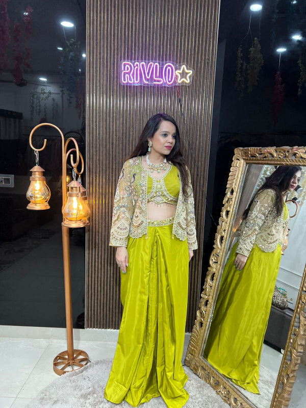 Olive Glam Draped Lehenga with Mirror Work Cape RC251