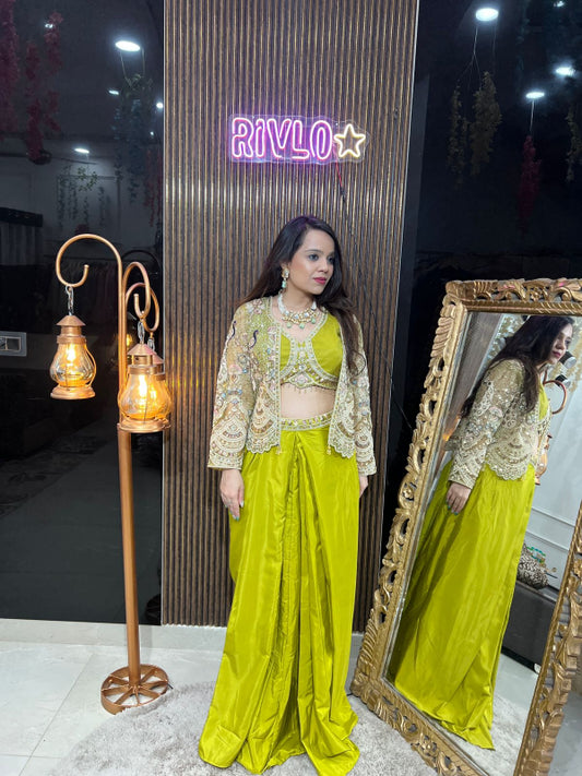 Olive Glam Draped Lehenga with Mirror Work Cape RC251