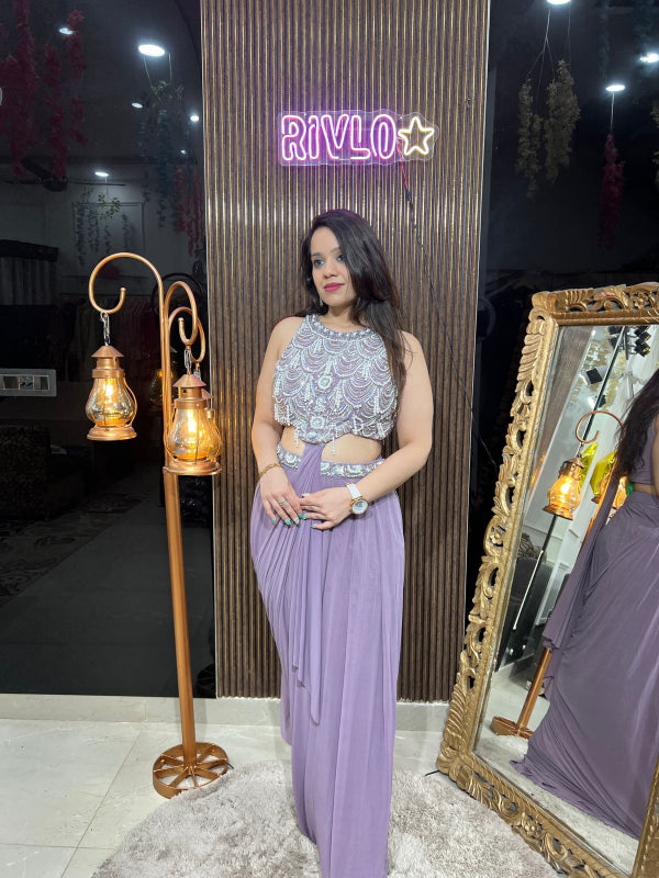 Pearl Drape Skirt Set with Statement Blouse RC249
