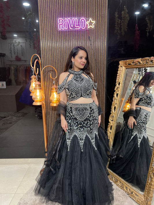 Black Sequined Cold-Shoulder Lehenga Set RC256