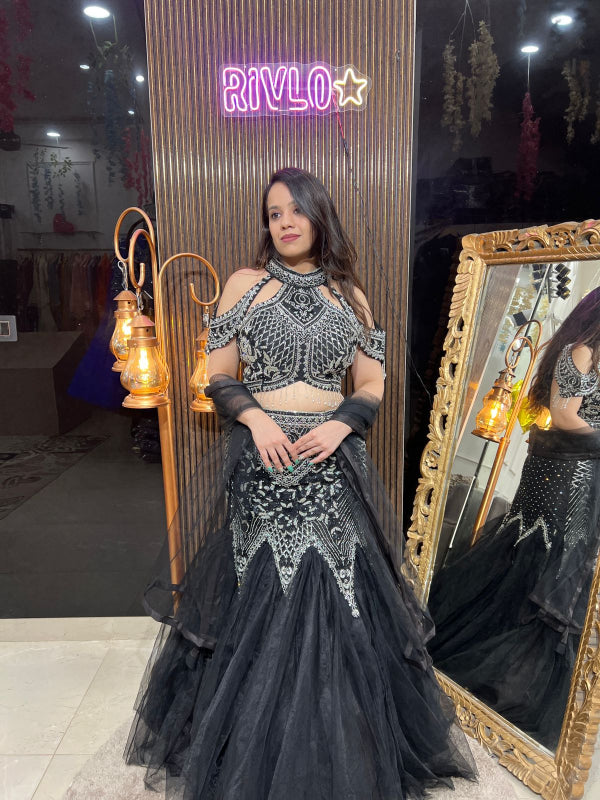 Black Sequined Cold-Shoulder Lehenga Set RC256
