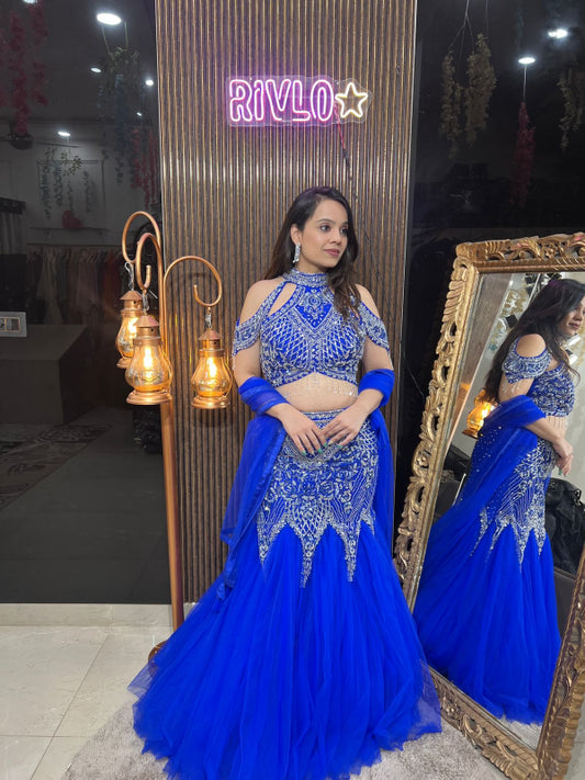 Royal Blue Sequined Cold-Shoulder Lehenga Set RC257