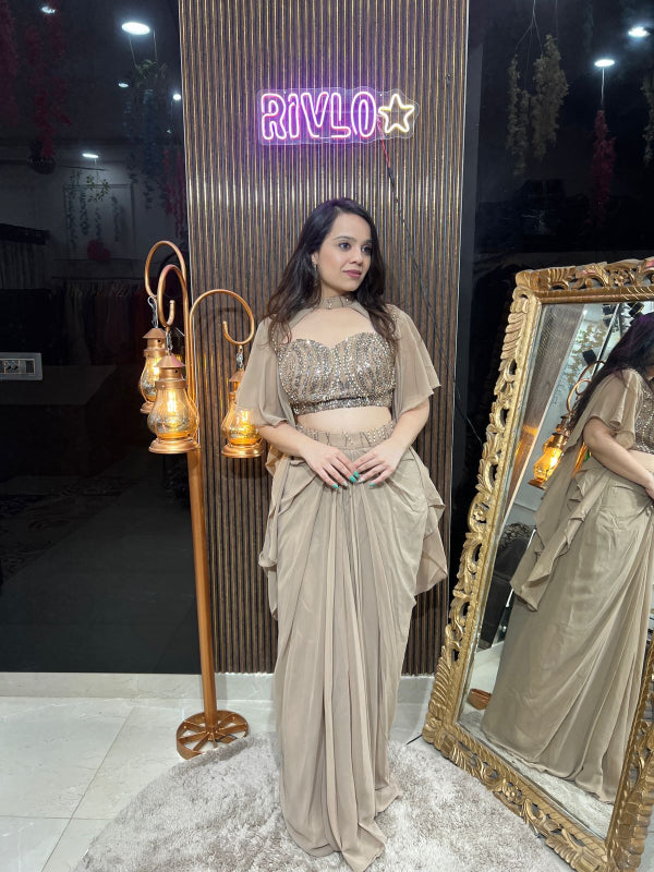 Champagne Gold And Black Pre-Draped Saree with Embellished Blouse RC258