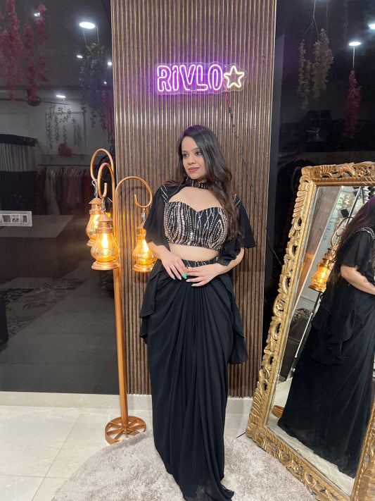Champagne Gold And Black Pre-Draped Saree with Embellished Blouse RC258