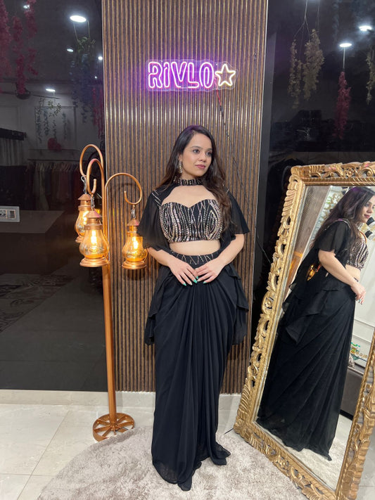 Champagne Gold And Black Pre-Draped Saree with Embellished Blouse RC258