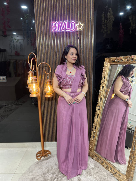 Mauve And Black Pre-Draped Saree with Ruffle Sleeve Blouse RC259