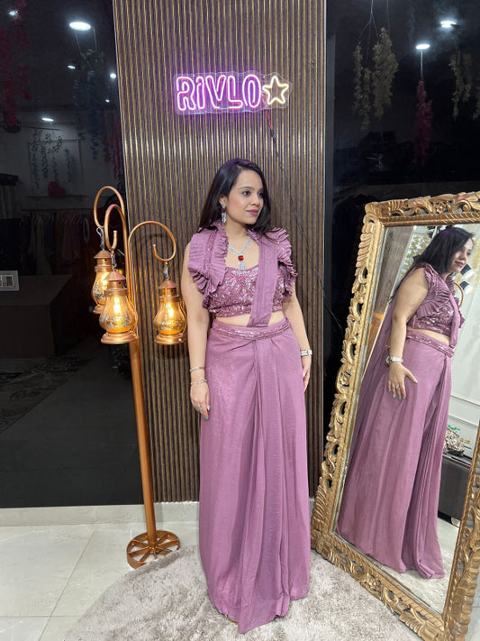 Mauve And Black Pre-Draped Saree with Ruffle Sleeve Blouse RC259