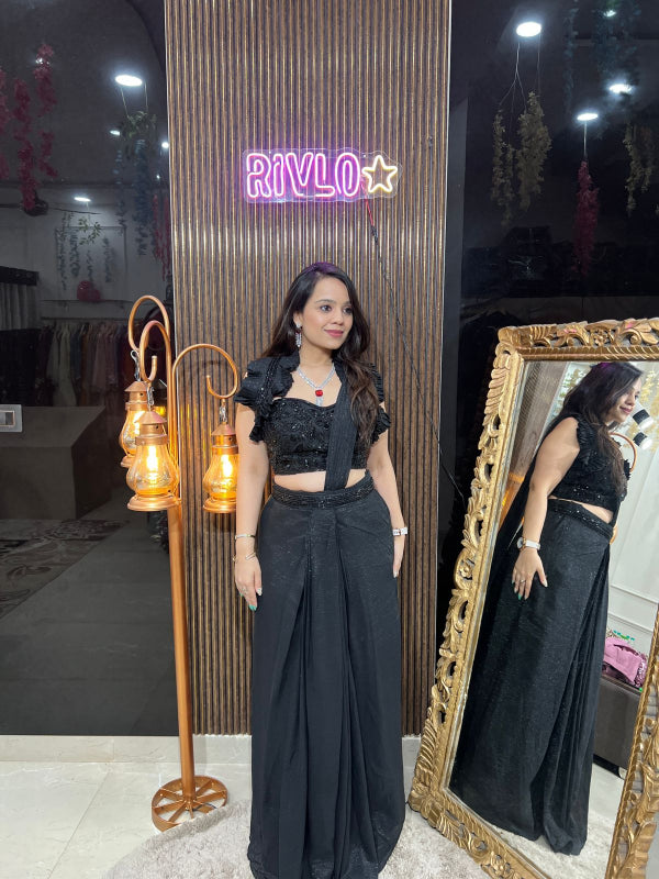 Mauve And Black Pre-Draped Saree with Ruffle Sleeve Blouse RC259