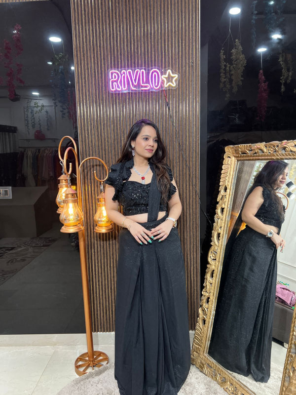 Mauve And Black Pre-Draped Saree with Ruffle Sleeve Blouse RC259