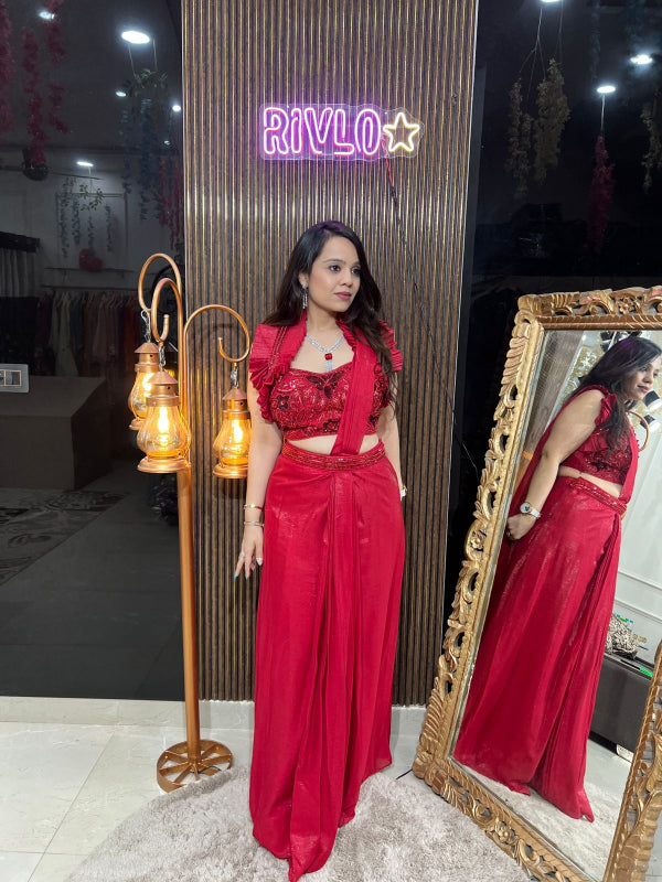 Red And Green Pre-Draped Saree with Ruffle Sleeve Blouse RC260