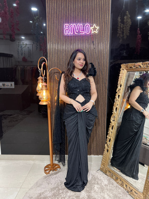 Black Crystal-Embellished Cutout Pre-Draped Saree RC263