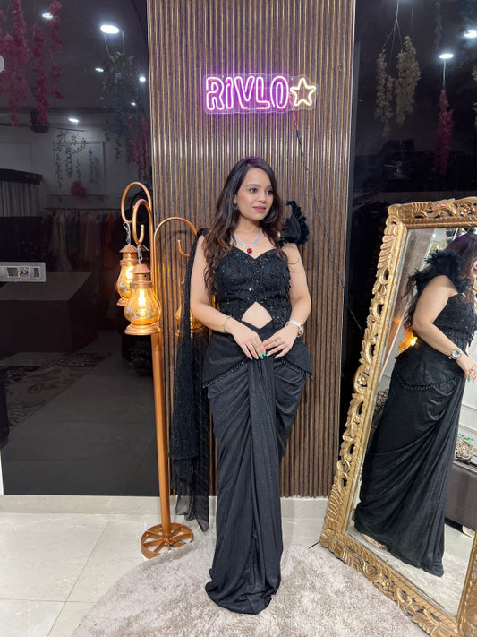 Black Crystal-Embellished Cutout Pre-Draped Saree RC263
