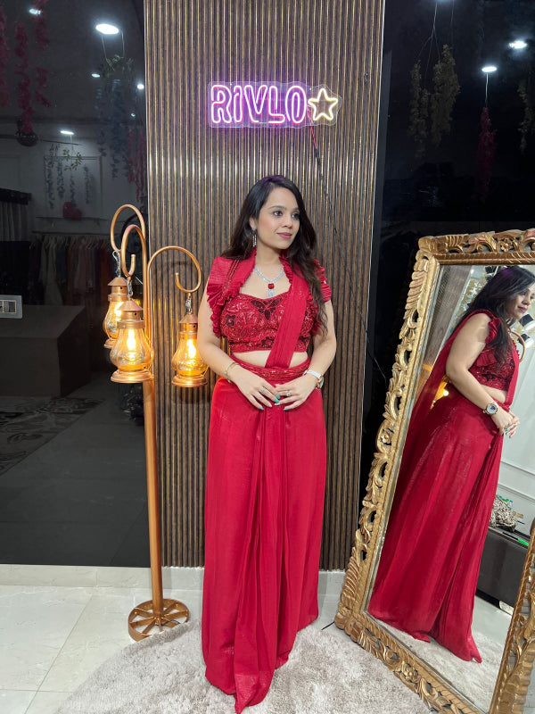 Red And Green Pre-Draped Saree with Ruffle Sleeve Blouse RC260