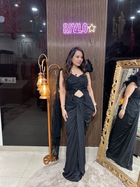 Black Crystal-Embellished Cutout Pre-Draped Saree RC263