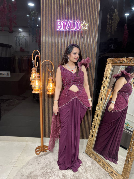 Wine Feather-Shoulder Pre-Draped Saree RC262