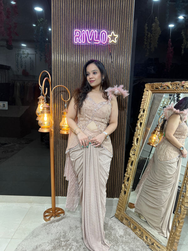Champagne Feather-Shoulder Pre-Draped Saree RC261