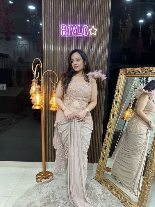 Champagne Feather-Shoulder Pre-Draped Saree RC261
