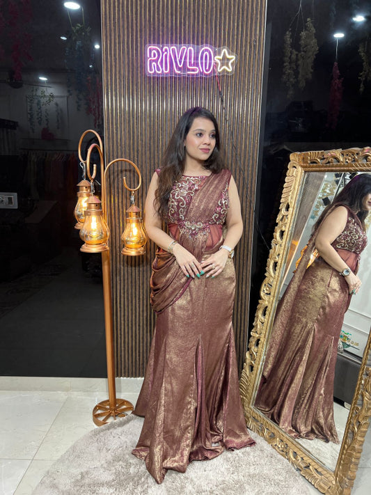 Metallic Red Copper Draped Saree Set RC266