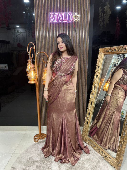 Metallic Red Copper Draped Saree Set RC266