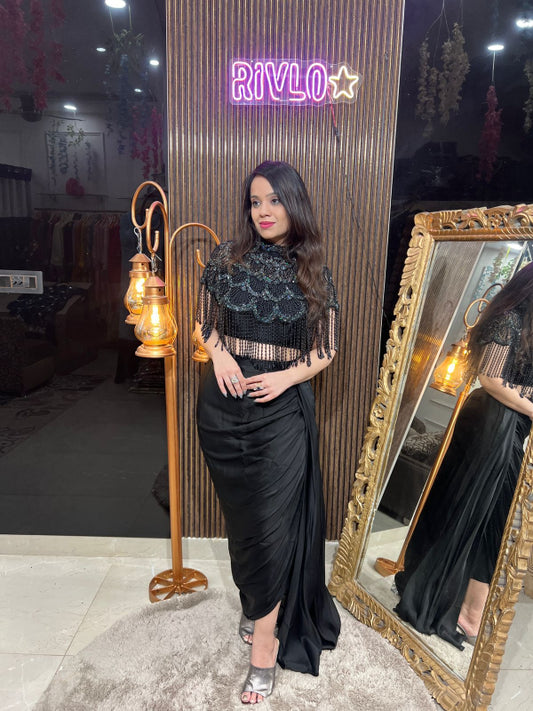 Black Sequin Drape Skirt & Fringe Cape Blouse Set RC278