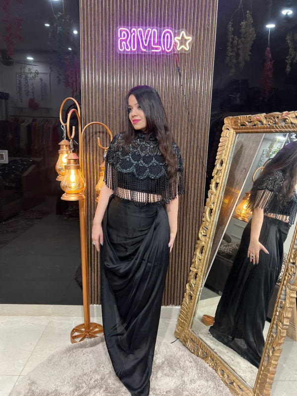Black Sequin Drape Skirt & Fringe Cape Blouse Set RC278